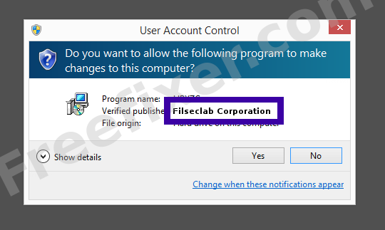 Screenshot where Filseclab Corporation appears as the verified publisher in the UAC dialog